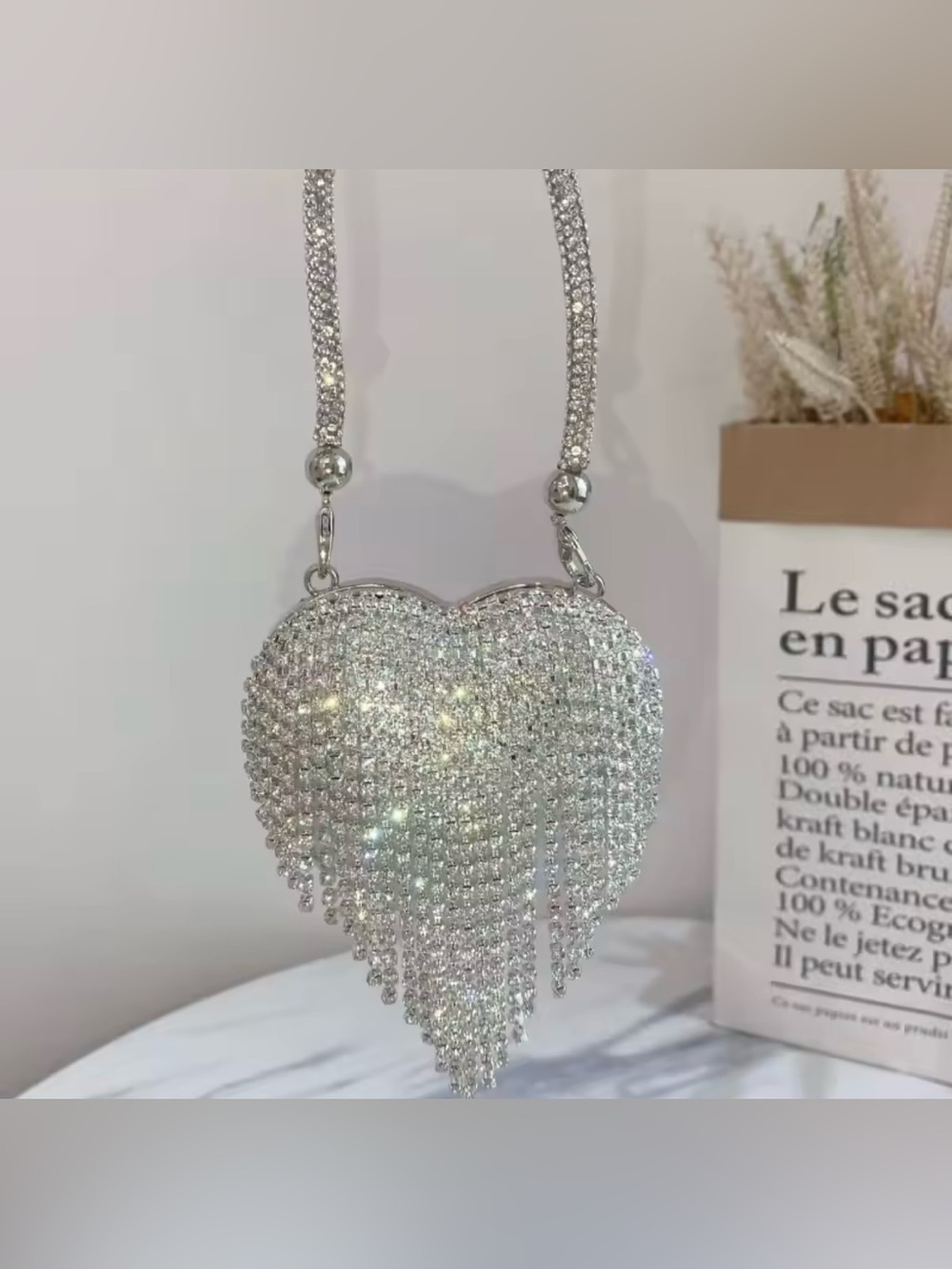 Rhinestone Heart Mini Crossbody Bag Silver Chain Evening Purse - Picture 4 of 7